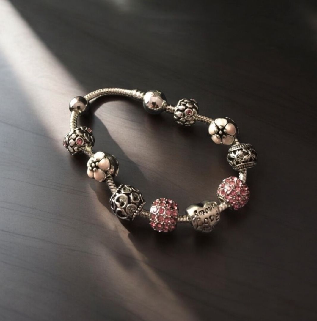 7.5 Inch Sterling Silver Plated Charm Bracelet with Swarovski Crystal Antique Silver Beads/ Hot New 2025 Fashion Designer Jewelry