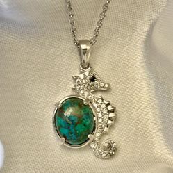 Adorable Chrysocolla and Zircon Seahorse Pendant in Platinum Bond with Stainless Steel 20" Necklace