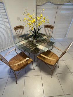 Round Glass Top Dining Table with 4 Wrought Iron Rush Seat Chairs