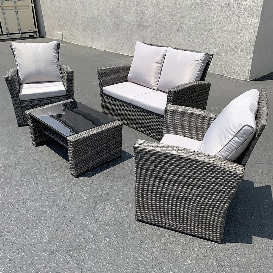 (NEW) $295 Patio 4-Piece Outdoor Wicker Furniture Rattan Set (Sofa 48x26”, Chair 29x26”, Table 34x20”)