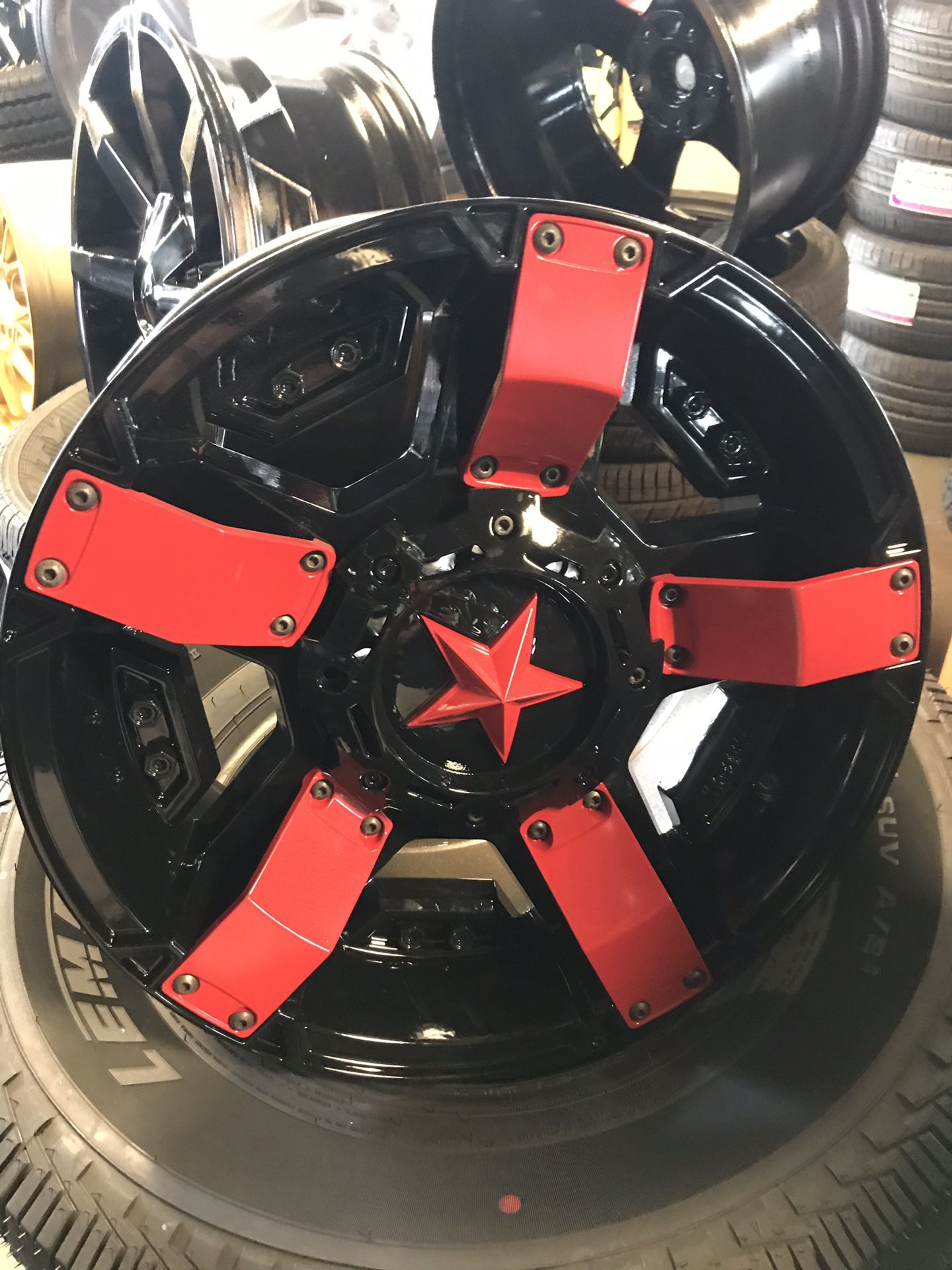 Rock Star Wheels 18x9” Jeep Wrangler Rims Gloss Black/Red inserts for Sale  in Houston, TX - OfferUp