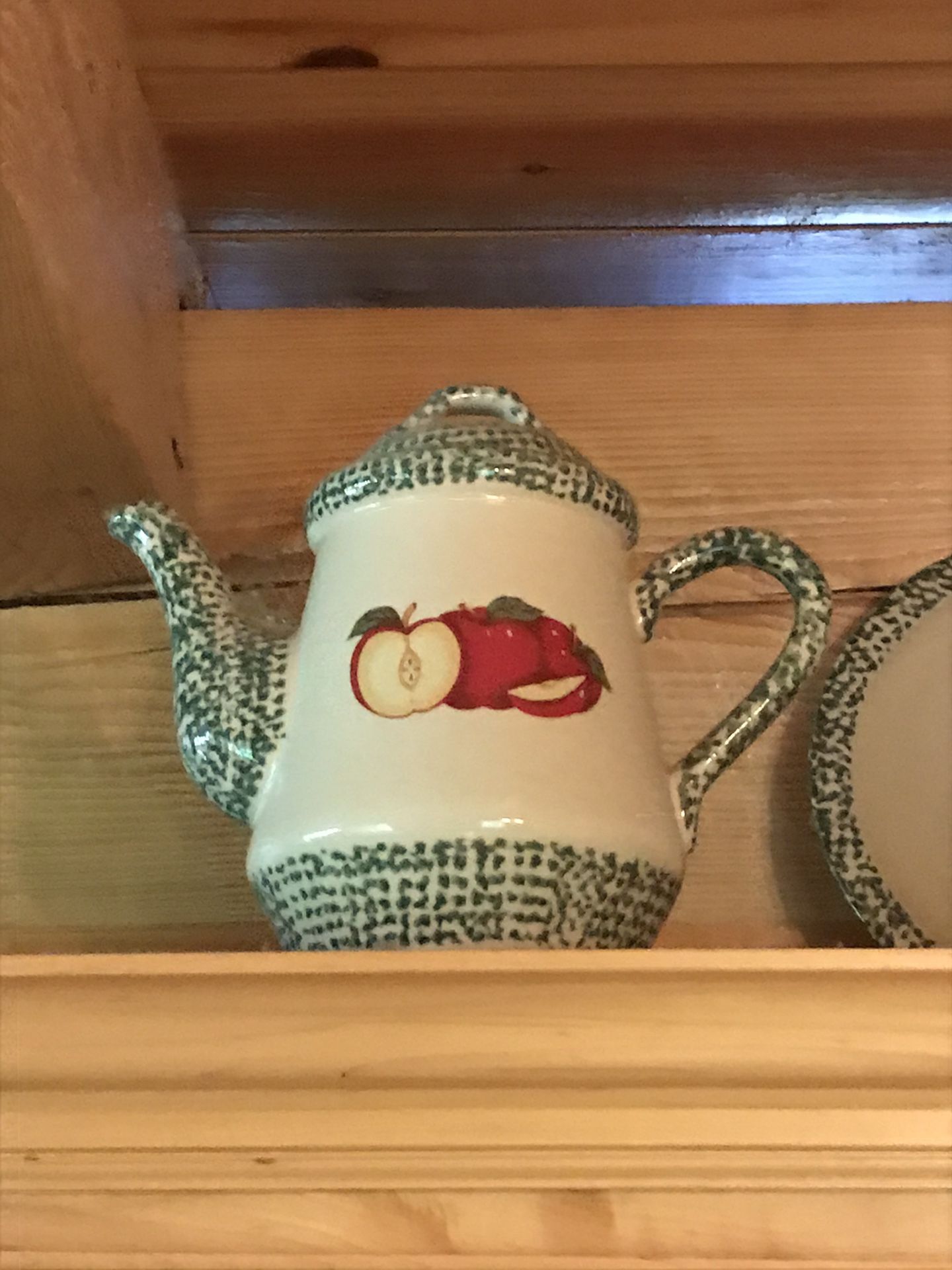 “Tender Heart Treasures” Apple design pitcher, 8 dinner plates, 8 salad plates, also matching cups and bowls. Bowls apple design are faded some. Bowl