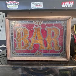 Vintage "BAR" Sign Faux Stained Glass Foil Framed  That Lights Up And Blinking