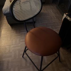 2 Brown Leather Rattan Stools 