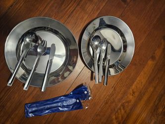 Set of 2 * Vintage Chow Set * Stainless Steel * Plates & Utensils