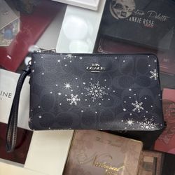 Coach Double Zip Wallet In Signature Canvas With Snowflake Print