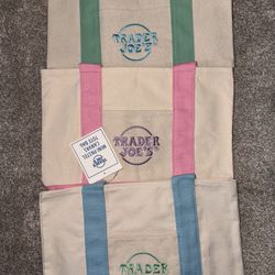 Trader Joe's Mini Pastel Canvas Tote Bags Green Pink Blue