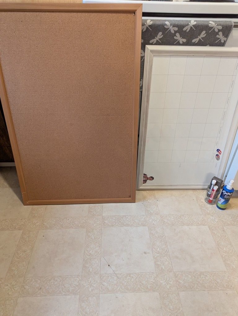 Cork Board, Dry Erase Calendar w/ markers and Dry Erase Cleaner