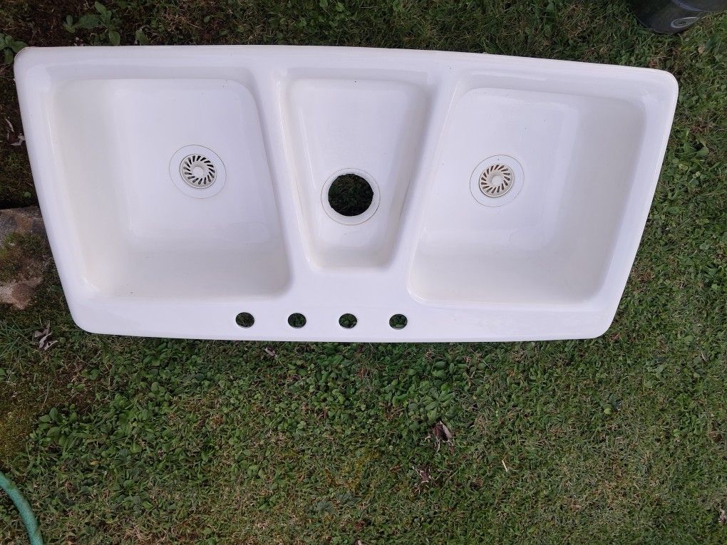 Vintage Cast Iron 3 Bowl Kitchen Sink