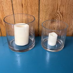 Lot of Two Cylinder Clear Glass Candle Holders, Vases