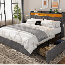 Brand New in box modern king size platform bed with LED lights charger station and drawers!!!