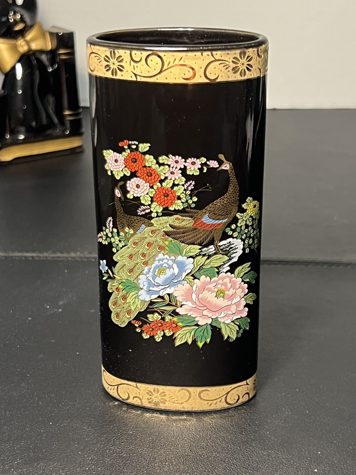 Japanese 1960s Satsuma Black Porcelain Vase Gilded Peacocks Flowering Garden