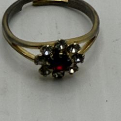 Vintage Red Gem Stone Ring Adjustable Gold Tone Flower Shape