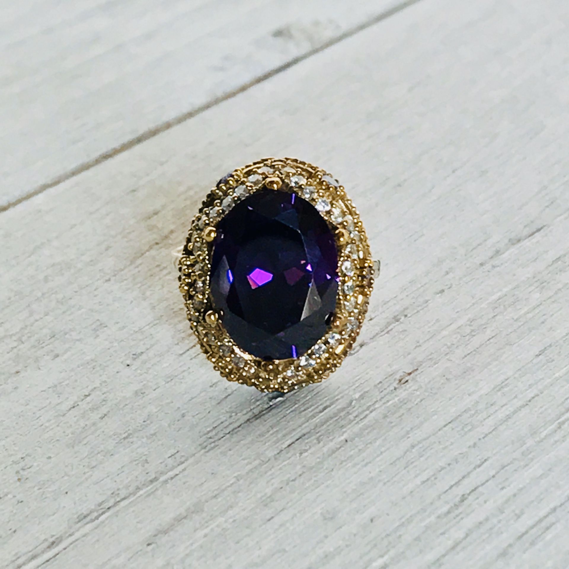 Amethyst & Cz Brass And Silver Ring S7.5