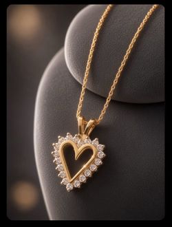 Vintage 10k Gold Heart Pendant Necklace with genuine Diamonds Halo