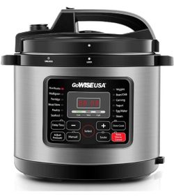 GoWISE USA 12-in-1 Multi-Use Electric Pressure Cooker with Stainless Steel Pot Measuring Cup, Spoon, and Stainless-Steel Steam Rack and Basket, 8-Qt
•