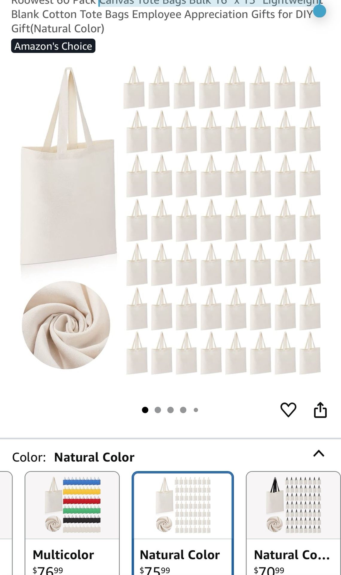 Canvas Tote Bags Bulk 16" x 15" Lightweigh 60 Pack