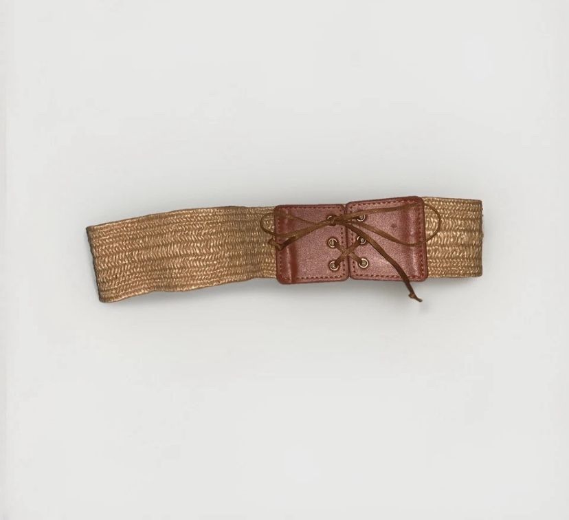 Medium To Large Brown Straw Waist Belt Stretch