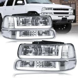 DRL LED Headlights Assembly Compatible with 99-02 Chevy Silverado 1500 2500 1500HD 2500HD 3500 2000-2006 Suburban Tahoe Headlamp Clear Reflector Chrom