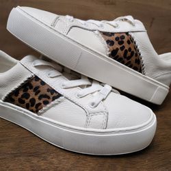 Ugg Women's Dinale White Leather Leopard Panel Casual Sneakers Size 8.5(1120013)