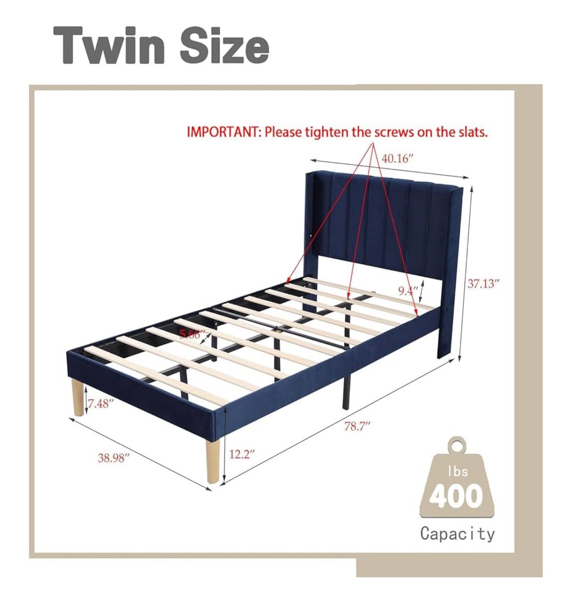 Platform Bed Frame Twin Size with Headboard and Footboard/Wooden Slats Support/No Box Spring Needed/Easy Assembly, Blue Velvet