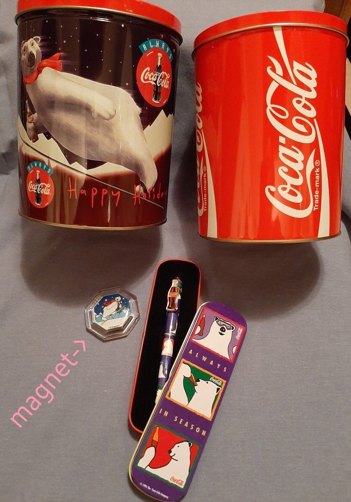 Coca-Cola Tin, Polar Bear Tin, Magnet and Pen Collection