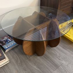 Glass and walnut wood coffee table