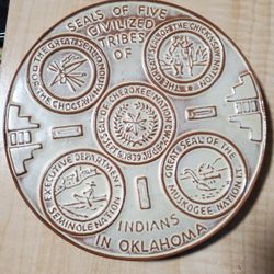 Vintage 1958 Frankoma Pottery Trivet - Seal Of The Five Civilized Tribes Of Indians In OK