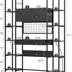 New 5 Tiers Black Bookshelf with Home Office Desk and RGB Lights and Power Outlet