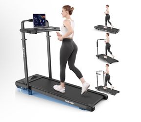 Walking Pad Treadmill with Desk Workstation, 10% Incline Foldable Treadmill with Handrail, 300lbs Capacity, 3 Control Methods, 8 in 1 Folding Treadmil
