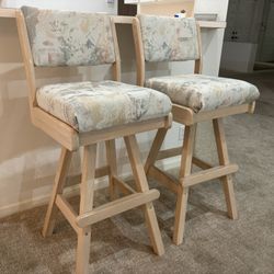 Stylish Counter Chairs - Bar Stools, Set Of 2. Like New Condition! Solid Wood, Swivel, Embroidered Cushions. See More Info Below.