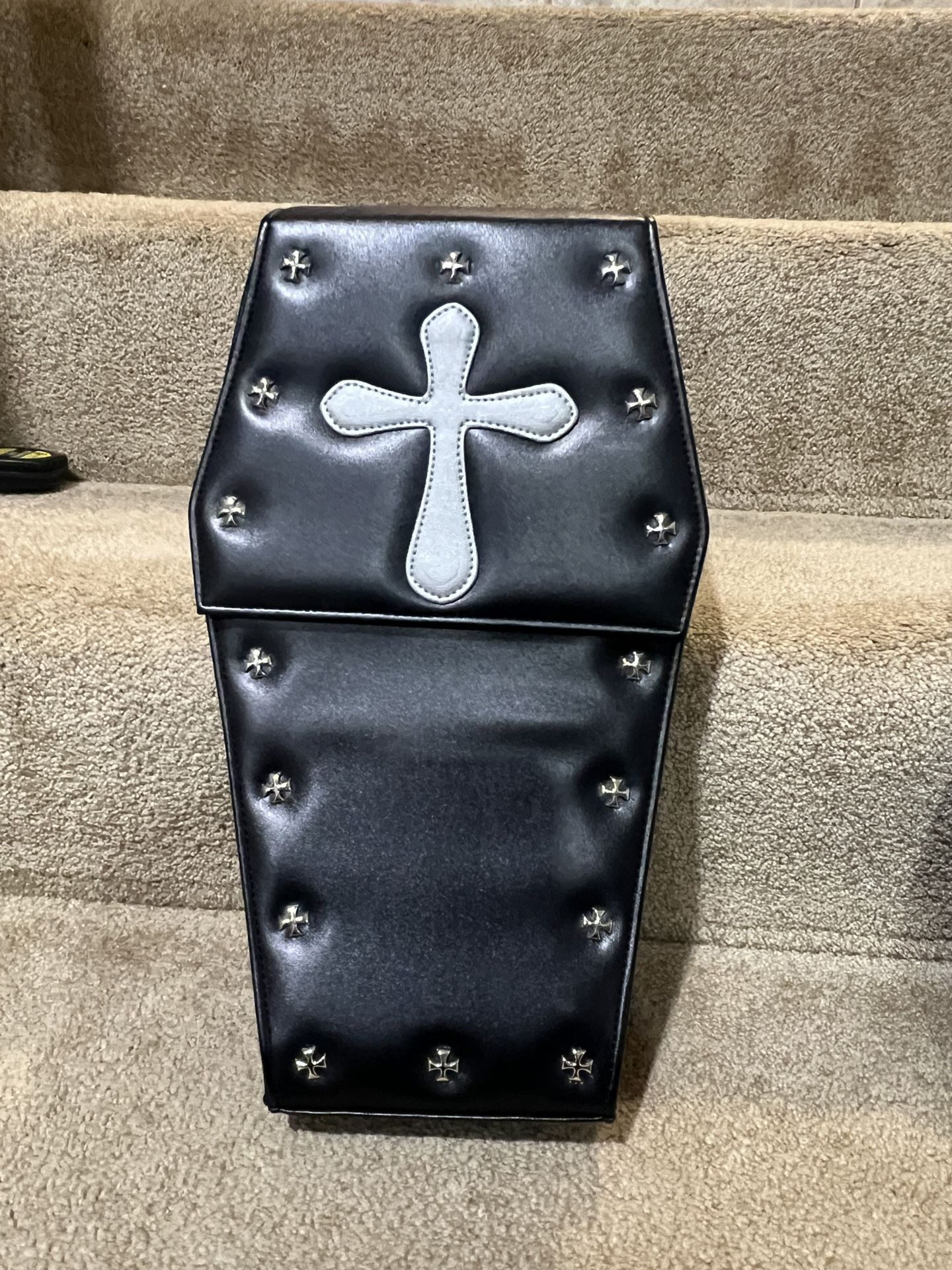 Gothic Coffin Shaped Punk Women Backpack with Cross Chain Halloween Coffin Bag