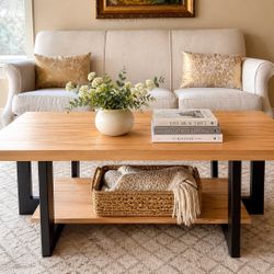 Solid Maple Coffee Table with Storage Shelf – Industrial Modern 