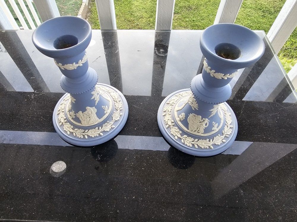 Vintage Wedgwood Blue Jasperware Candle Holders