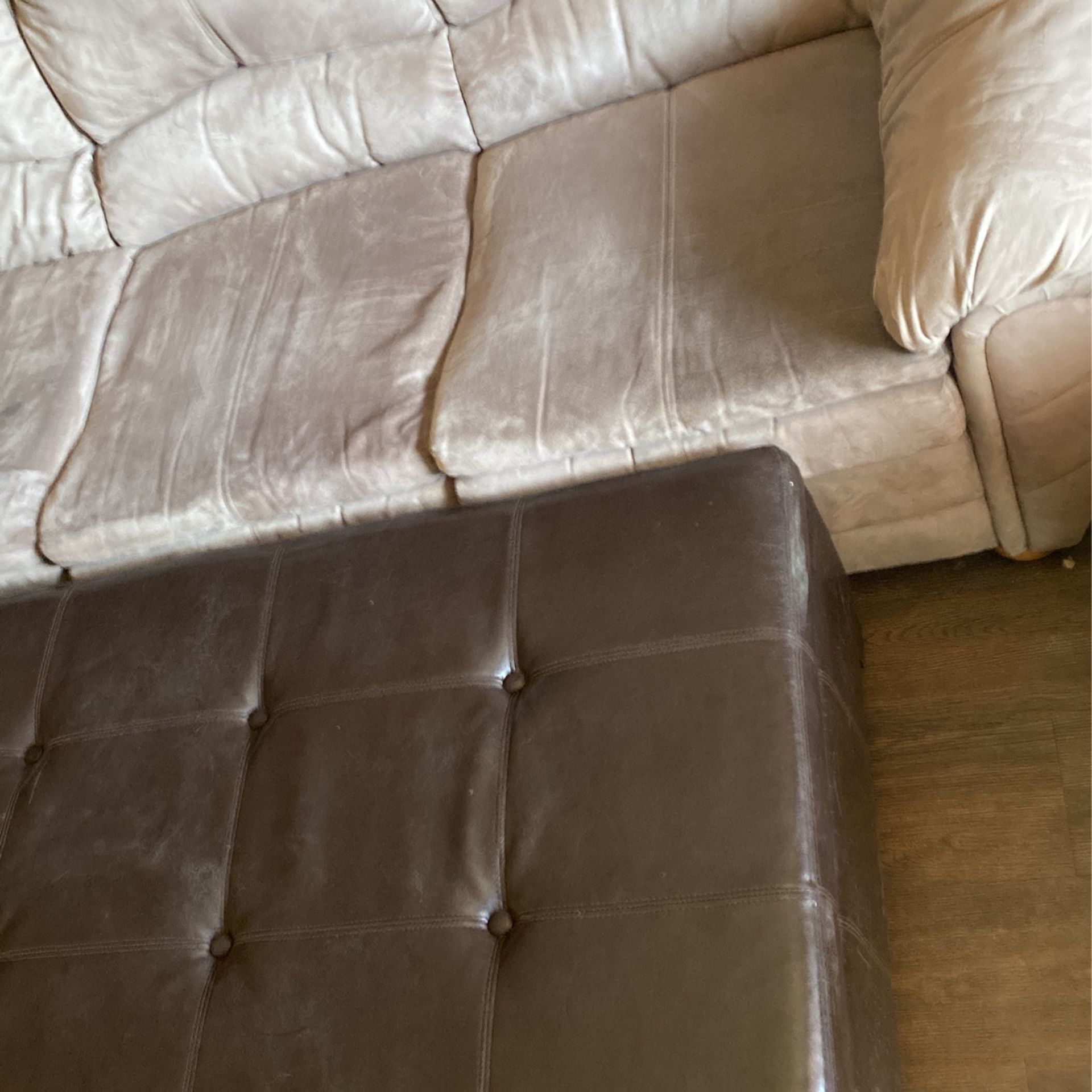 Cream Micro Fiber Couch With Chocolate Leather Ottoman