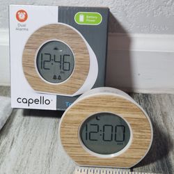 Capello Alarm Table Clock- Wood Modern Look, Battery Operated Written Messages 

Size: 3 x 3 x 2 inch, wooden style finished 

Open box,  never used. 