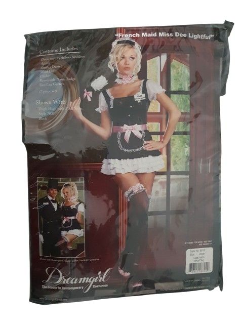 French Maid Adult Woman's Halloween Costume. Size Large. *Dress *Apron *Feather Duster *Hat *Choker *Name Badge *2 Leg  Garters.