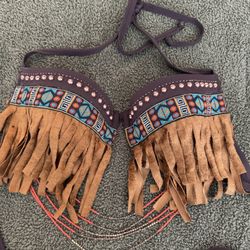 Halloween/Rave Western Fringe Bikini Top With Beaded Accents
