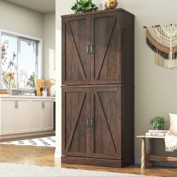 Farmhouse Kitchen Pantry Cabinet, 71" Tall Storage Cabinet with Adjustable Shelves & 4 Barn Doors & Drawer, Rustic Wood Cupboard for Kitchen, Dining R
