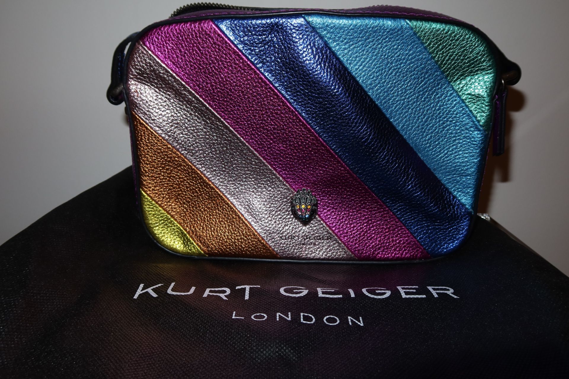 Kurt Geiger London Kensington Crossbody Bag with Metallic Rainbow Stripe Design
