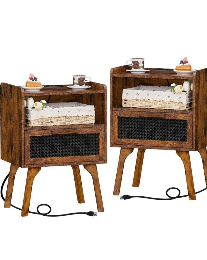 Lerliuo Rattan Nightstands Set of 2 with Charging Station, 