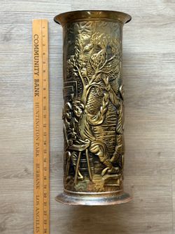 Vintage Embossed Brass Umbrella Stand / Cane Holder - English Pub Scene
