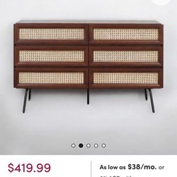 NTC LULU 6 Drawers Dresser Storage Cabinet with Natural Rattan, Modern Boho Chest of Drawers, Stylish Bedroom Decor, Mid-Century Organizer