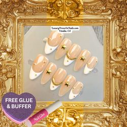 White French & Gold Star & Chain Gel Press On Nails - GelX -10 Pc Set - FREE GLUE & BUFFER