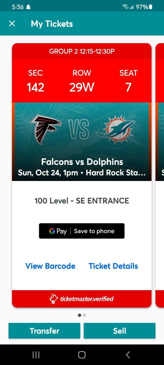 Dolphins Falcons Tickets Section 142 