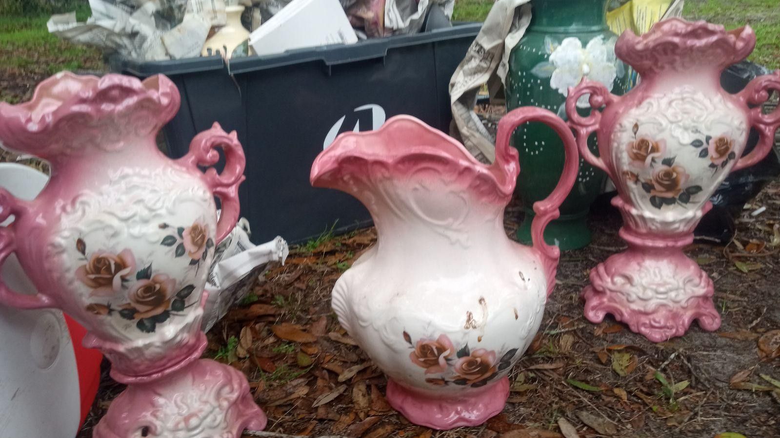 Vintage Water Pitcher And Two Matching Vase's 