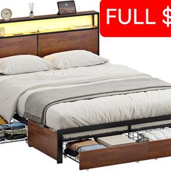 LED Bed Frame Full Size with Headboard & 4 Storage Drawers Platform Bed Frame with 2 Charging Outlets and 2 USB Ports Strong Metal Slats Support No Bo