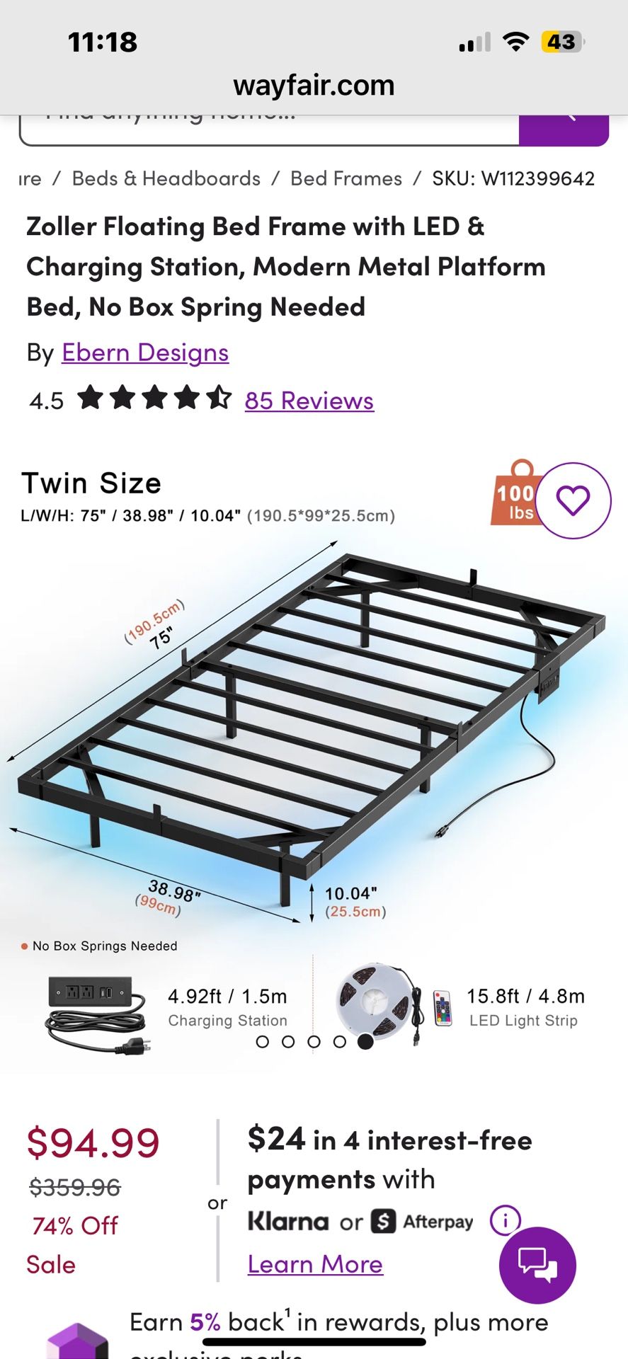 Zoller Floating Twin Bed Frame with LED & Charging Station, Modern Metal Platform Bed, No Box Spring Needed