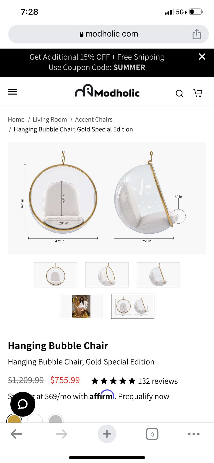 Hanging Bubble Chair, Special Edition, Gold