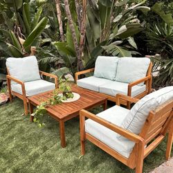 4-Piece Wood Patio Set Deep seat+Cushions+Rain cover 